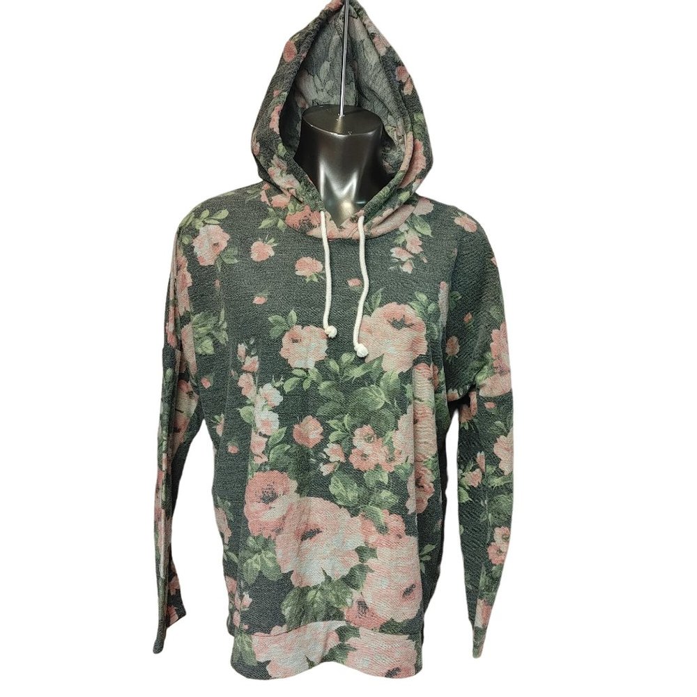 Free Kisses Women's Gray/Pink Floral Hooded Light Sweater XL - Picture 1 of 4